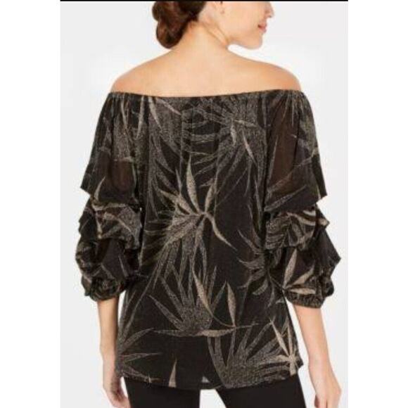MSK Lined Blouse‎ Medium Glitter Print Floral Off The Shoulder Puffed Sleeves - Picture 8 of 12